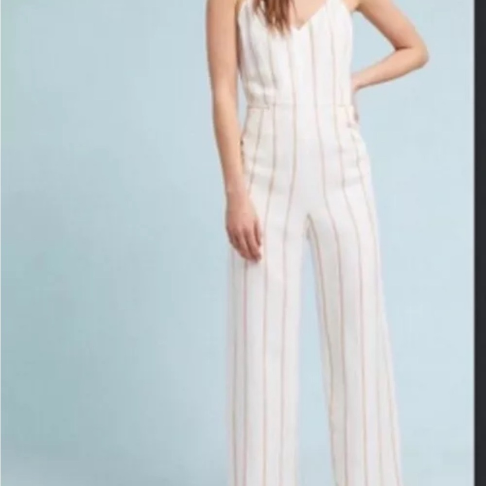 ✅FG special! Anthropologie The Essential Linen Jumpsuit ivory w/Stripes, Size 8